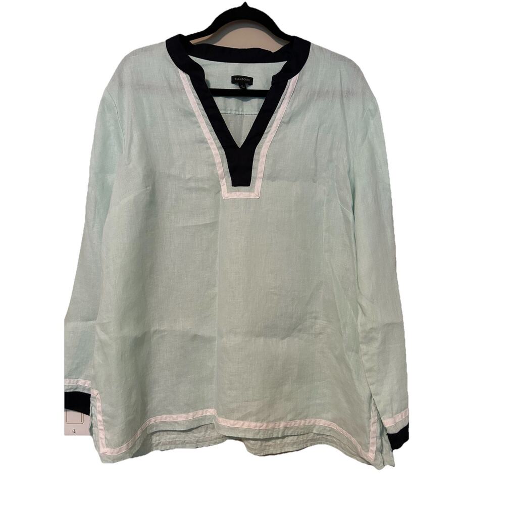 TALBOTS Seabreeze Mint Green 100% Linen Tunic Top Vacation Women's Size L